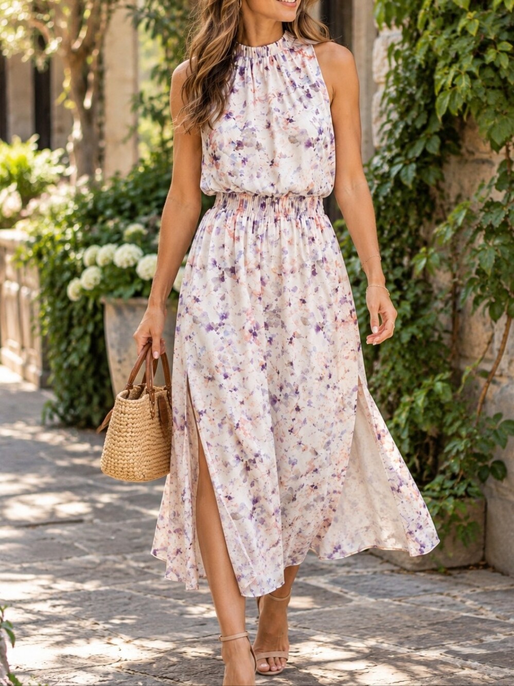 Bella Dahl Cream Floral Sleeveless Smocked Waist Midi Dress Rayon